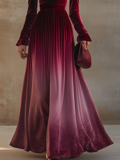 Robe Maxi en Velours Dégradé Bourgogne - Col Droit et Manches Trompette, Expédition en 24 Heures