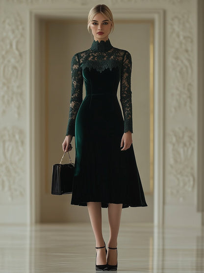 Robe Midi Élégante en Velours Rétro avec Dentelle et Col Montant - Expédition Rapide en 24 Heures