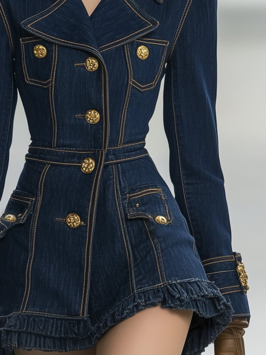 Robe Mini en Denim à Col Large et Ourlet Volanté - Expédition Rapide en 24h