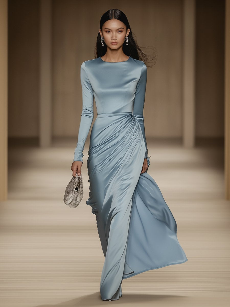 Robe Maxi Longue en Satin Bleu Élégante : Douceur et Style, Expédition en 24 Heures