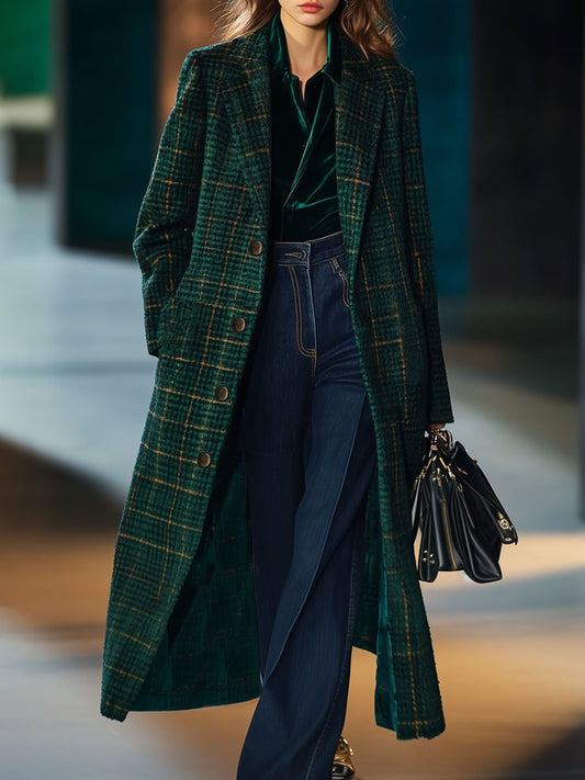 【Expédition en 24h】Manteau mi-long en laine à carreaux vintage avec poches pratiques