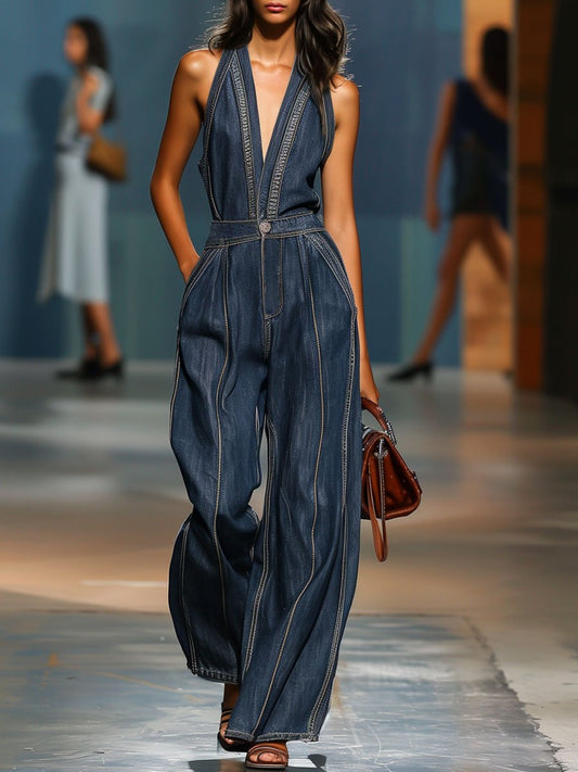 Expédition Rapide : Combinaison en Denim Sans Manches à Col en V – Style Rétro Décontracté