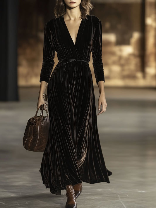 Robe Maxi en Velours Uni à Col V - Élégance et Confort avec Ceinture et Manches Longues, Expédition Rapide sous 24 Heures