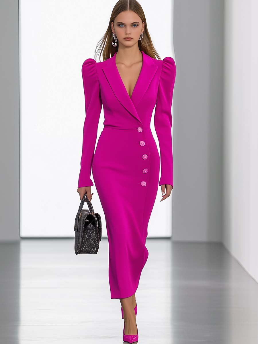 Robe Midi Élegante à Manches Bouffantes et Décolleté en V - Rose Vif, Expédition en 24 Heures !