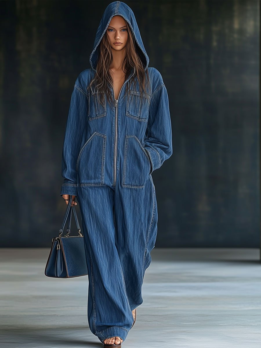 Salopette en denim rétro à capuche - Manches longues et poches pratiques, expédition sous 24 heures !