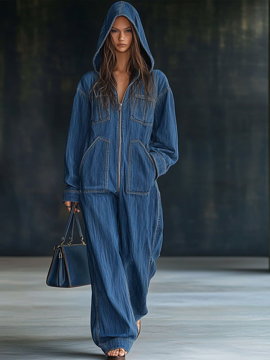 Salopette en denim rétro à capuche - Manches longues et poches pratiques, expédition sous 24 heures !