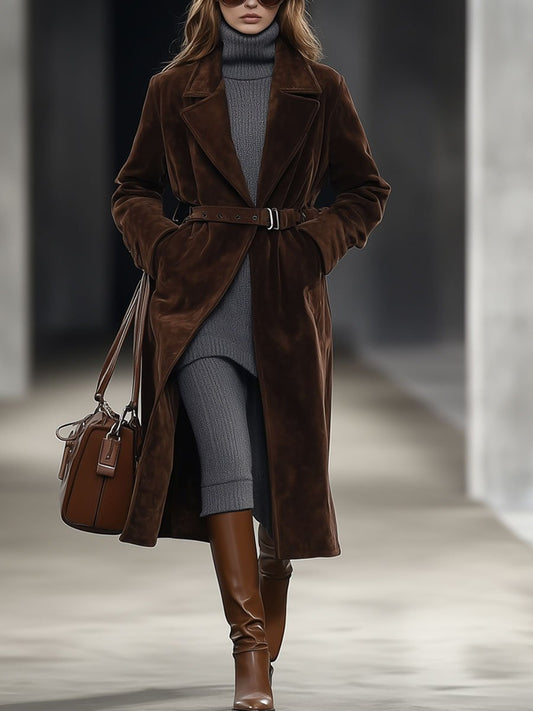 Expédition Rapide : Manteau Mi-Long en Suédine Chocolat, Ceinturé et Décontracté