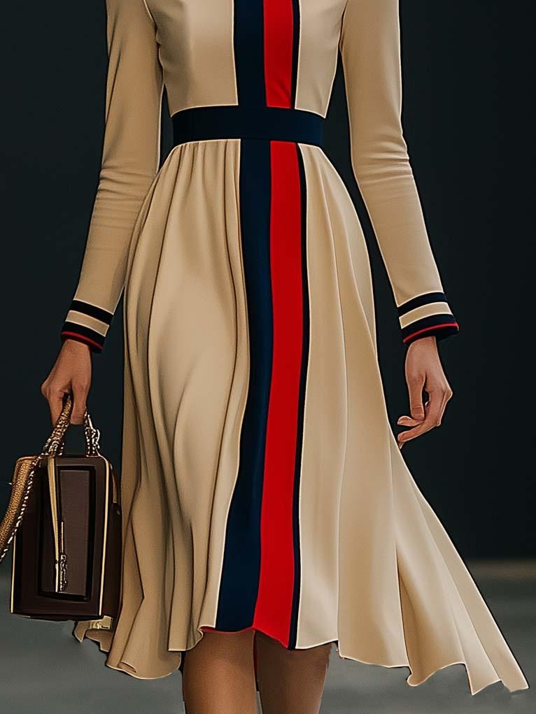 Robe Midi Élégante à Manches Longues en Colorblock - Expédition Rapide en 24 Heures
