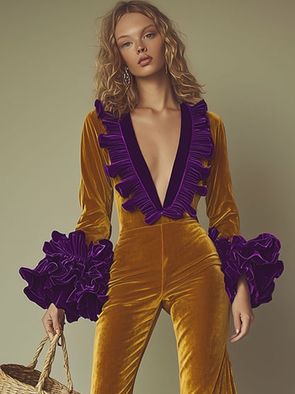 Combinaison Élégante en Velours Doré avec Volants Violets à Manches Longues - Parfaite pour vos Soirées Chic