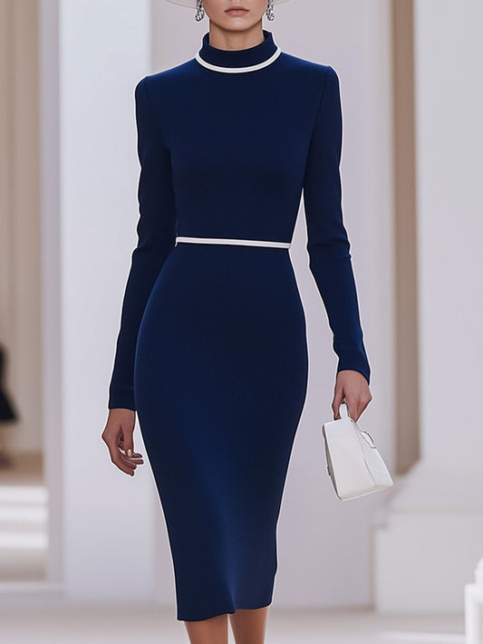 Robe Midi Élégante Blanche à Col Haut Contrasté - Livraison en 24 Heures