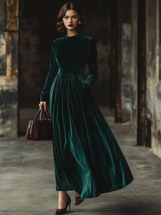 【Livraison Rapide en 24h】Robe Maxi Longue en Velours Épuré avec Col Montant et Poches Pratiques