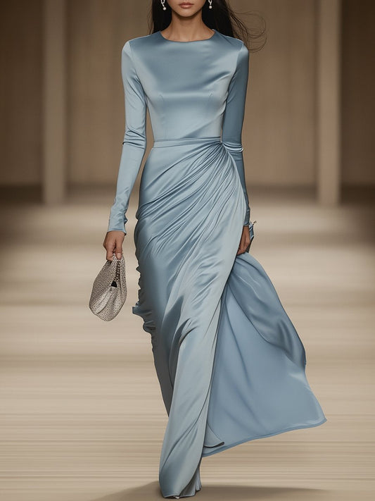Robe Maxi Longue en Satin Bleu Élégante - Col Ronde, Douceur et Expédition en 24 Heures
