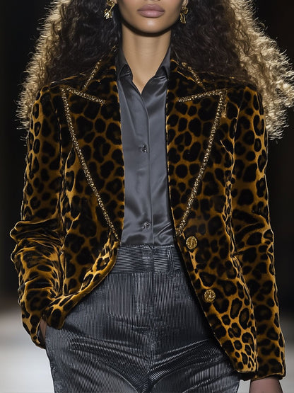 Blazer Casual en Velours Léopard avec Revers et Détails Dorés - Expédition en 24 Heures