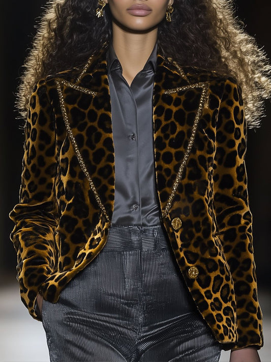 Blazer Casual en Velours Léopard avec Revers et Détails Dorés - Expédition en 24 Heures