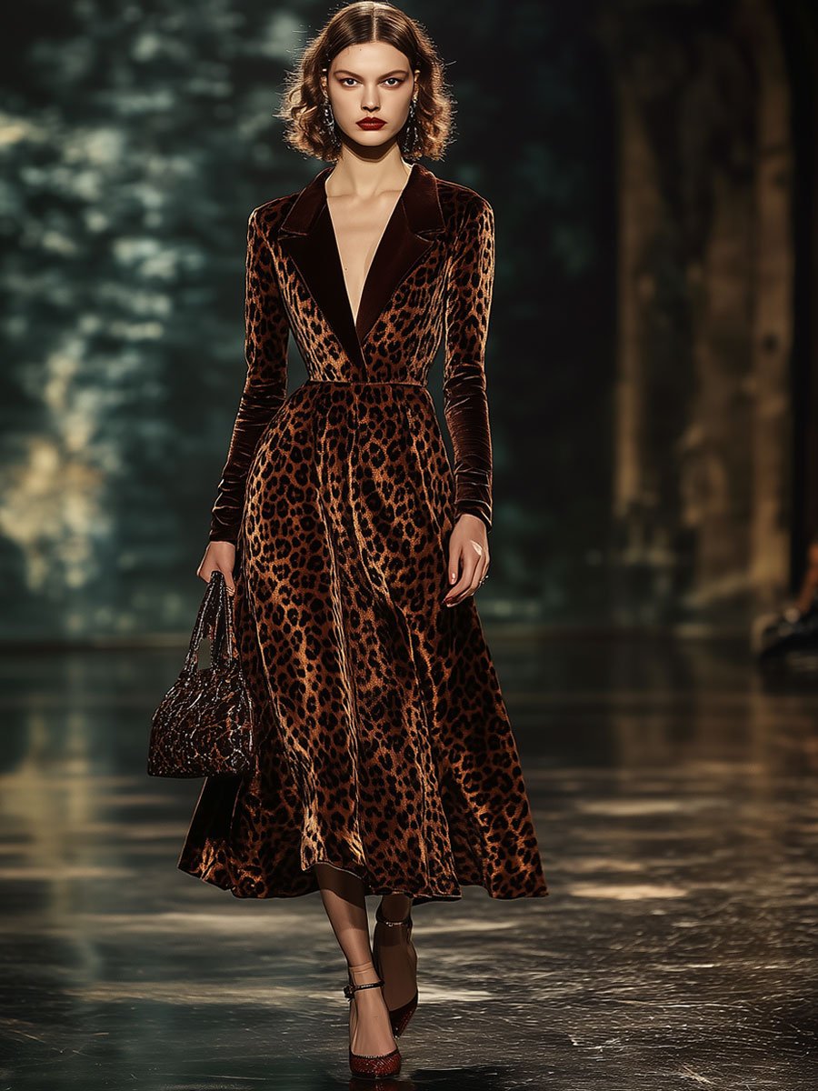 Robe Midi en Velours Léopard à Col Revers – Expédition Rapide en 24 Heures !