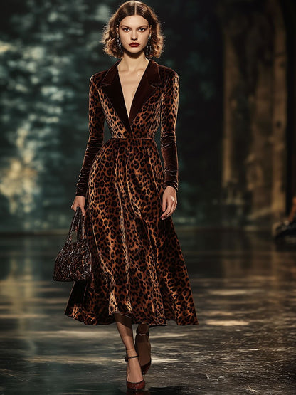 Robe Midi en Velours Léopard à Col Revers – Expédition Rapide en 24 Heures !