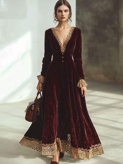 Robe Maxi Velours Rouge Ankola : Élégance en Dentelle et Décolleté en V - Expédition Rapide en 24 Heures