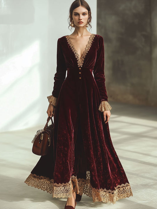 Robe Maxi Velours Rouge Ankola : Élégance en Dentelle et Décolleté en V - Expédition Rapide en 24 Heures