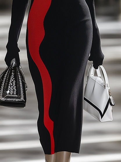 Robe Tricotée Chic à Col Montant en Rouge et Noir – Expédition Rapide en 24 Heures