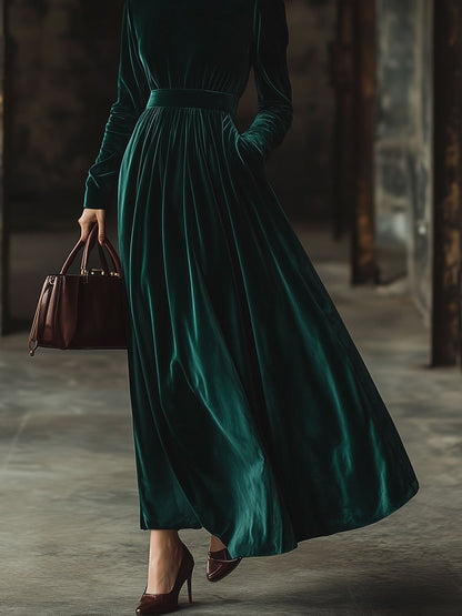 【Livraison Rapide en 24h】Robe Maxi Longue en Velours Épuré avec Col Montant et Poches Pratiques