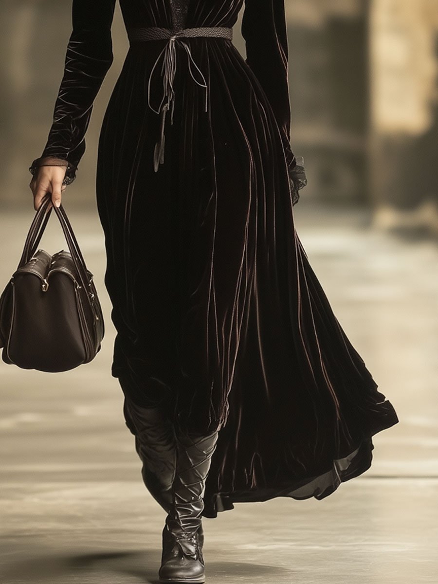 Robe Maxi Longue en Velours Uni avec Détails en Dentelle et Col V - Expédition Rapide sous 24 Heures