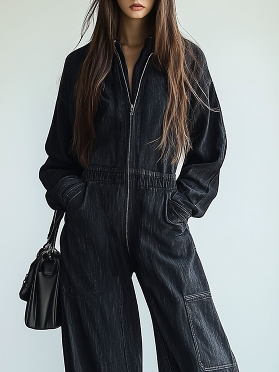 Combinaison en denim rétro : Élégance décontractée avec fermeture éclair, taille élastique et manches longues - Expédition rapide sous 24 heures !