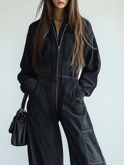 Combinaison en denim rétro : Élégance décontractée avec fermeture éclair, taille élastique et manches longues - Expédition rapide sous 24 heures !