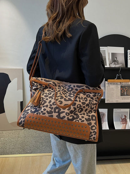Grand Sac Bandoulière Tendance en Imprimé Léopard avec Rivets