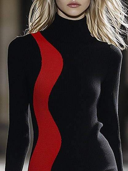 Robe Tricotée Chic à Col Montant en Rouge et Noir – Expédition Rapide en 24 Heures