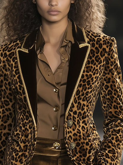 Blazer en Velours Léopard Décontracté avec Col Contrasté et Détails Dorés - Expédition Rapide sous 24 Heures