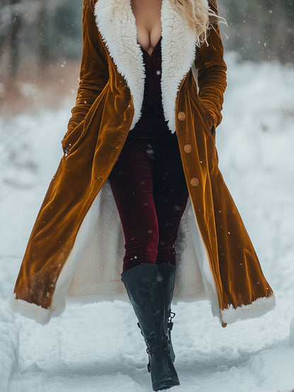 Long Vintage Velvet and Wool Coat with Pockets - Effortlessly Chic and Spacious