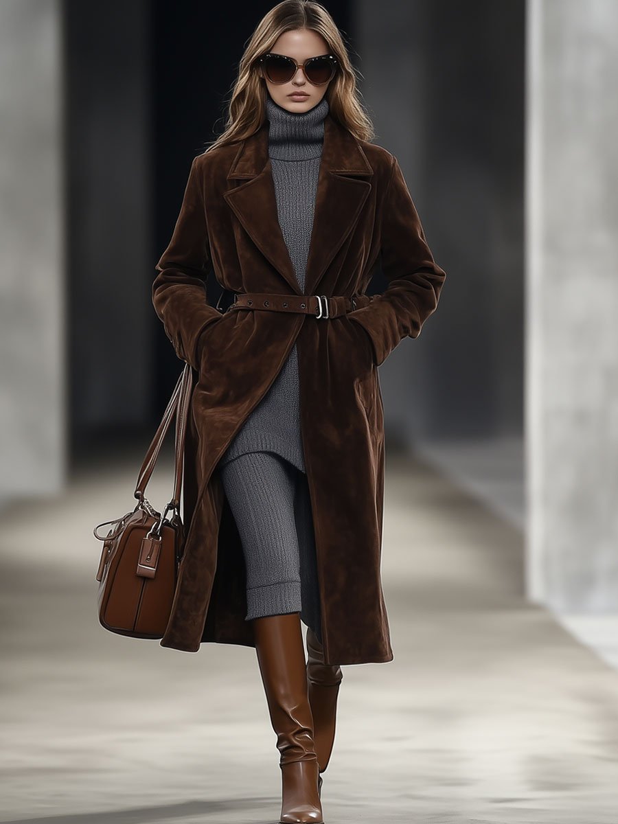 Expédition Rapide : Manteau Mi-Long en Suédine Chocolat, Ceinturé et Décontracté