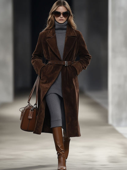 Expédition Rapide : Manteau Mi-Long en Suédine Chocolat, Ceinturé et Décontracté