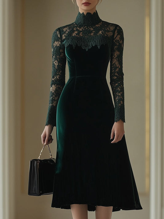 Robe Midi Élégante en Velours Rétro avec Dentelle et Col Montant - Expédition Rapide en 24 Heures