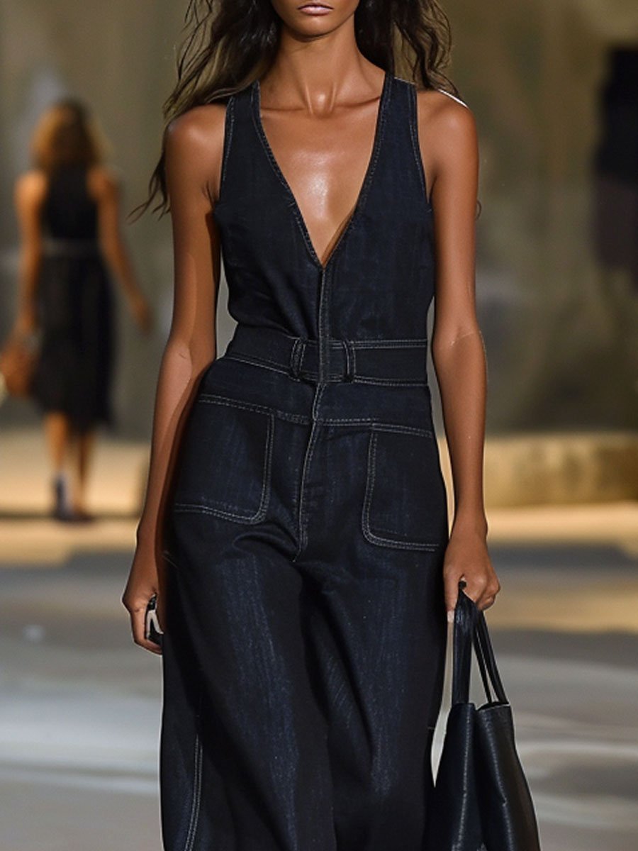 Expédition Rapide en 24h : Salopette Détendue en Jean Sans Manches à Col V au Style Rétro