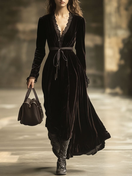 Robe Maxi Longue en Velours Uni avec Détails en Dentelle et Col V - Expédition Rapide sous 24 Heures