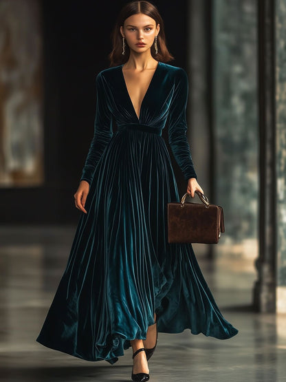 Robe Maxi Longue en Velours Uni à Col V - Expédition en 24 Heures pour Vos Soirées Élégantes