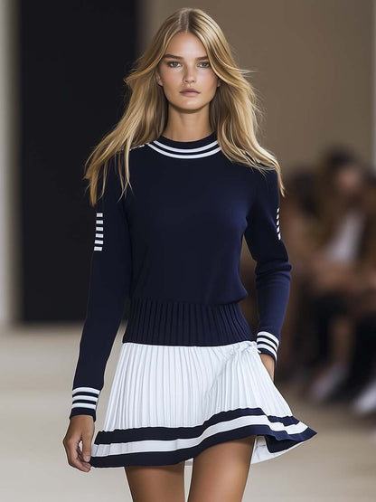 Robe Mini Sportive à Col Rond Bicolore Bleu Marine et Blanc - Expédition Rapide en 24 Heures