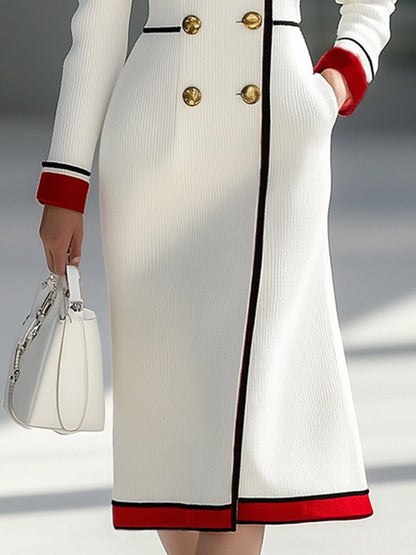 Robe Midi Élégante Colorblock Rouge à Double Boutonnage - Expédition en 24 Heures