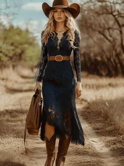 Robe Bohémienne Vintage en Dentelle Bleue à Manches Longues - Élégance Midi