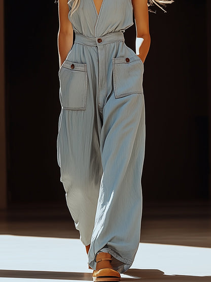 Expédition rapide en 24h : Salopette en denim Tencel gris-bleu avec poches pratiques