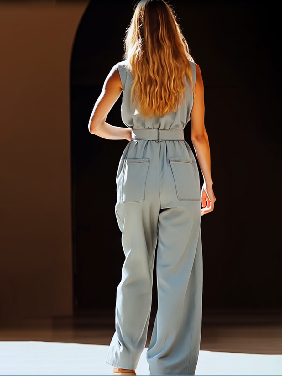 Expédition rapide en 24h : Salopette en denim Tencel gris-bleu avec poches pratiques