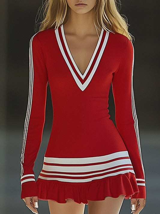 Robe Mini Longue à Manches avec Col V Rayée Rouge et Blanche - Expédition en 24 Heures !