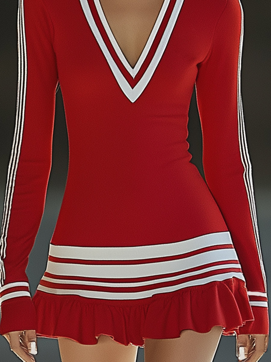 Robe Mini Longue à Manches avec Col V Rayée Rouge et Blanche - Expédition en 24 Heures !